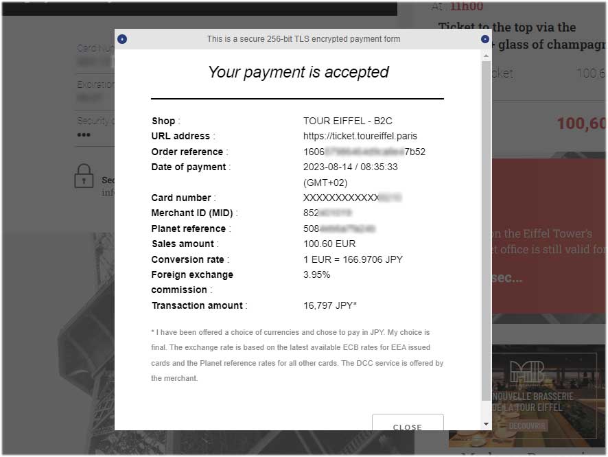 エッフェル塔チケット予約サイトキャプチャー（クレジットカードでの決済確認画面）